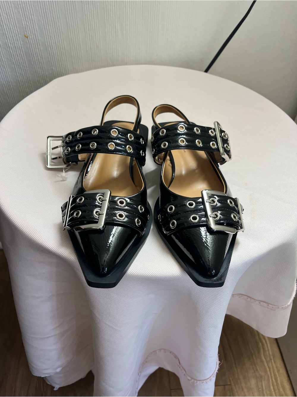 Black Patent Pointed Slingback Mules with Buckle Straps